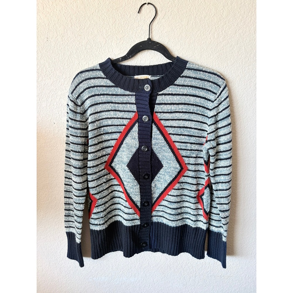 Vintage Full Fashioned Diamond Stripe M Cardigan Sweater Navy Blue Red Womens - Picture 2 of 7